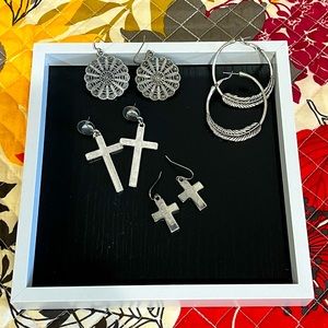 Set of 4 Gently Used Silver Costume Jewelry Dangly Earrings